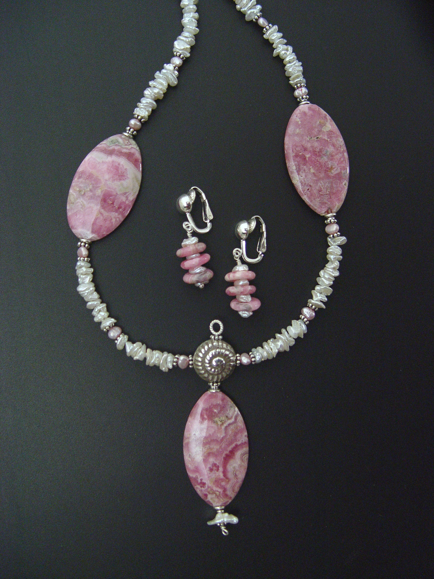 Detail of Rhodochrosite Necklace and Earrings